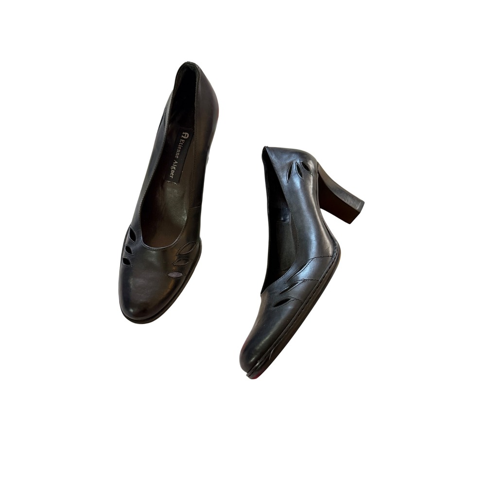 Vintage Etienne Aigner Ville Black Leather Cutout Block Heel Pumps 8.5M